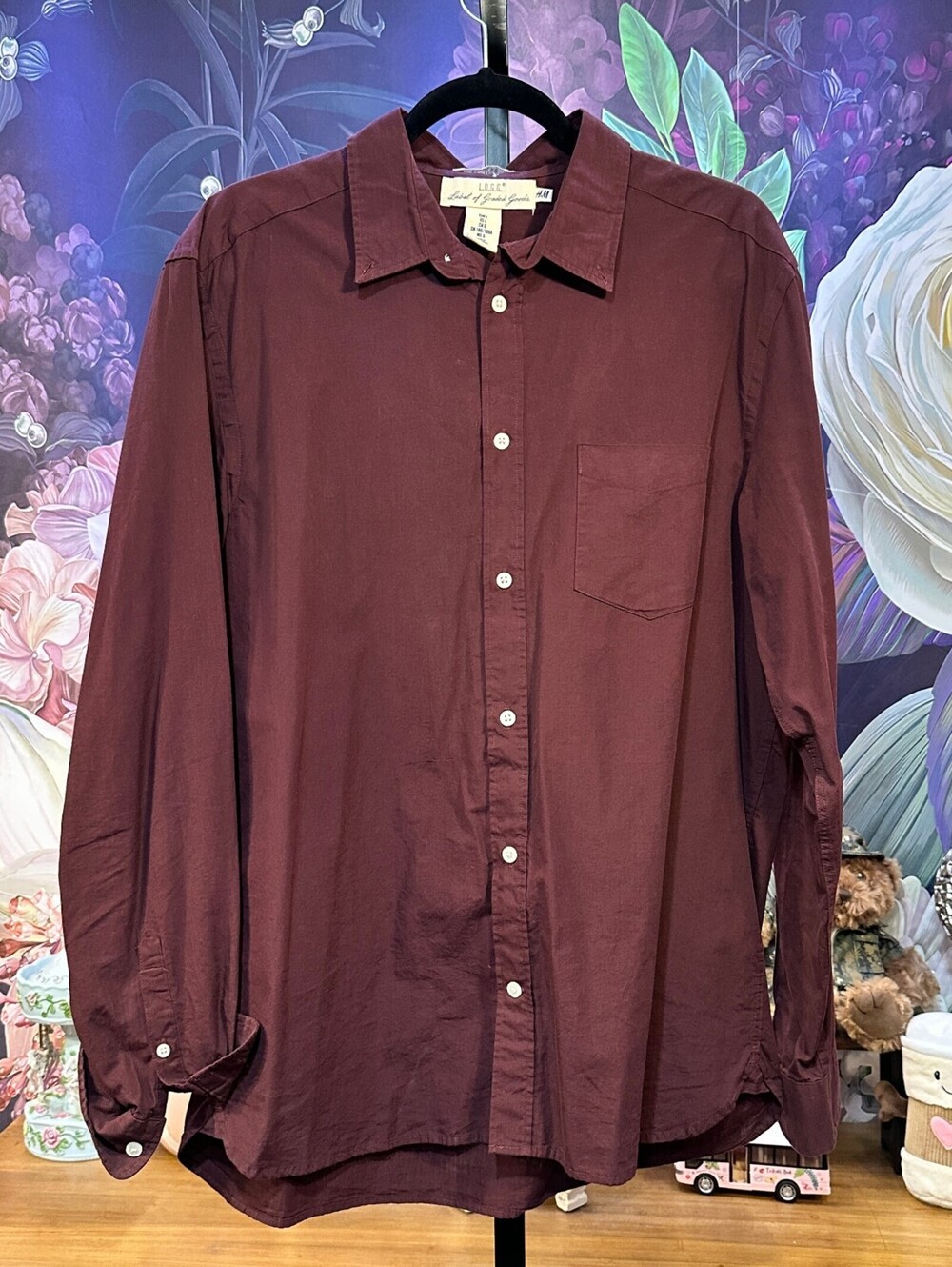 H&M L 100% Cotton Burgundy Button Down Shirt Chest Pocket Long Sleeve Minimalist